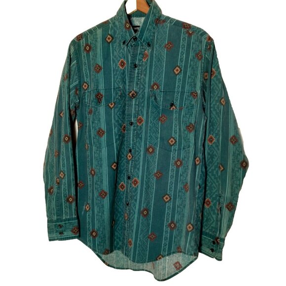 Frontier Series Western Shirt Small Teal Southwest Geometric Button Down READ - Picture 2 of 15